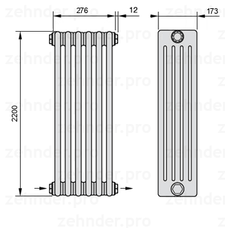 Схема (чертеж) Радиатор Zehnder Charleston 5220/6 №2670 Белый глянцевый RAL 9016